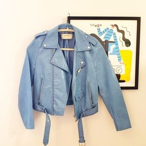 Zara Cropped Faux Leather Jacket bright baby blue